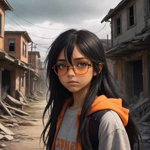 Prompt: A cute older teenage girl with tan skin and long black hair with an orange streek, her eyes are brown, she has orange glasses, she has a determined look, an abandoned crumbling town background, detailed eyes, professional, highres, detailed character design, atmospheric lighting, detailed environment, and moody atmosphere. Anime look