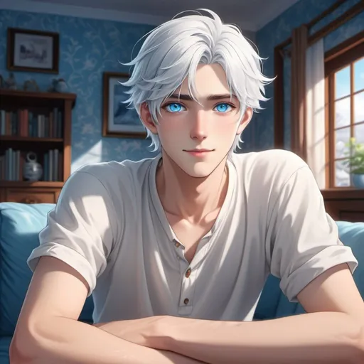 Prompt: Realistic anime illustration of a handsome adult boy with snow-white hair and intence ice blue eyes, a cheery family living room background, detailed eyes, professional, highres, detailed character design, atmospheric lighting, detailed environment