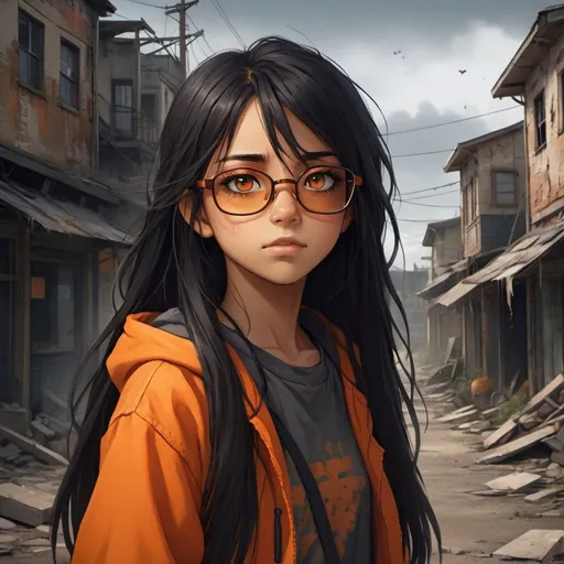 Prompt: A cute older teenage girl with tan skin and long black hair with an orange streek, her eyes are brown, she has orange glasses, she has a determined look, an abandoned crumbling town background, detailed eyes, professional, highres, detailed character design, atmospheric lighting, detailed environment, and moody atmosphere. Anime look