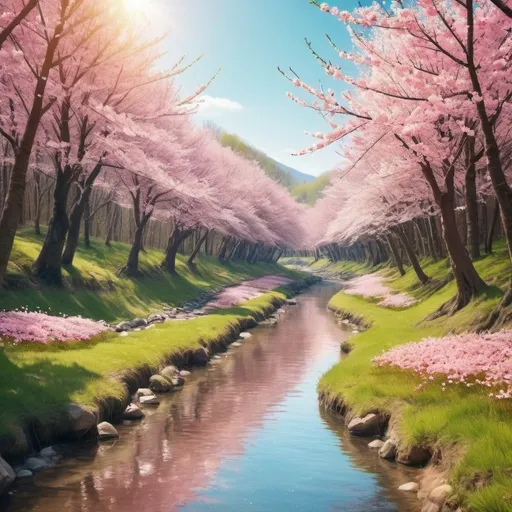 Prompt: A beautiful sunny warm day with a cherry blossom tree forest and a shimmering little river. phone background