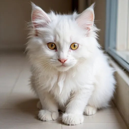 Prompt: A fluffy white kitten with beautiful golden eyes