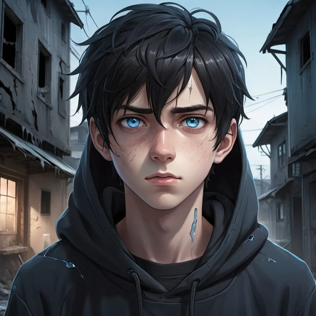 Prompt: Realistic anime illustration of a cute teenage boy with black hair and intense ice-blue eyes, a healed jagged line-shaped scar on his left cheek, an all-black hoodie, an abandoned crumbling town background, detailed eyes, professional, highres, detailed character design, atmospheric lighting, detailed environment