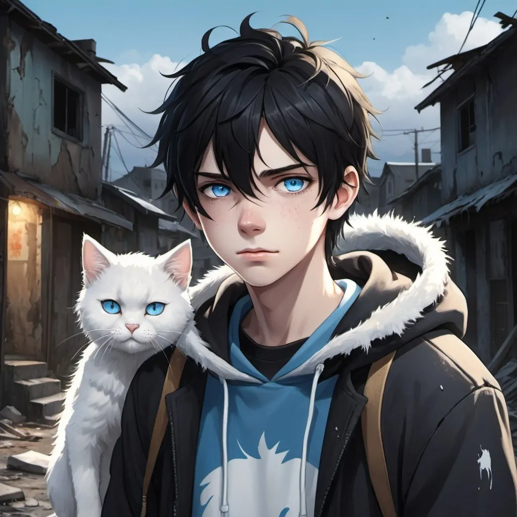 Prompt: Realistic anime illustration of a cute teenage boy with black hair and intense ice-blue eyes, a healed jagged line-shaped scar on his left cheek, a small smile, a fluffy white cat with golden eyes on his shoulder, an all-black hoodie, an abandoned crumbling town background, detailed eyes, professional, highres, detailed character design, atmospheric lighting, detailed environment