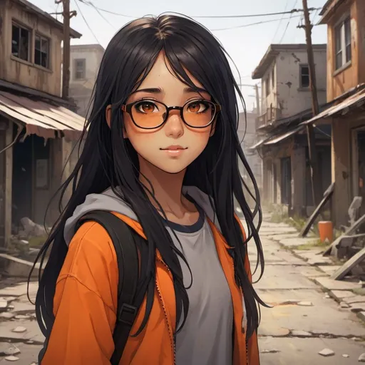 Prompt: A cute teenage girl with tan skin and long black hair with an orange streek, her eyes are brown, she has orange glasses, she has a cheery, playful look, an abandoned crumbling town background, detailed eyes, professional, highres, detailed character design, atmospheric lighting, detailed environment, and moody atmosphere. Anime look