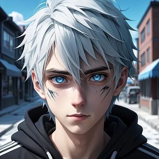 Prompt: Realistic anime illustration of a cute young adult boy with black and white hair and intense ice-blue eyes, a healed jagged line-shaped scar on his left cheek, an all-black hoodie, a town background, detailed eyes, professional, highres, detailed character design, atmospheric lighting, detailed environment