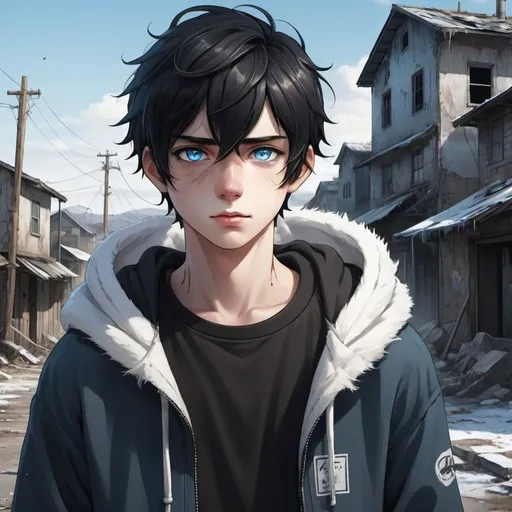 Prompt: Realistic anime illustration of a cute teenage boy with black hair and intense ice-blue eyes, a healed jagged line-shaped scar on his left cheek, a small smile, a fluffy white cat with golden eyes on his shoulder, an all-black hoodie, an abandoned crumbling town background, detailed eyes, professional, highres, detailed character design, atmospheric lighting, detailed environment