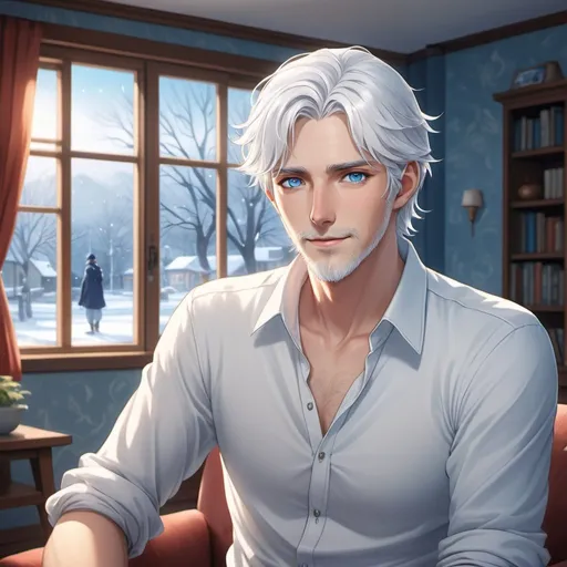 Prompt: Realistic anime illustration of a handsome adult man with snow-white hair and intence ice blue eyes, a cheery family living room background, detailed eyes, professional, highres, detailed character design, atmospheric lighting, detailed environment