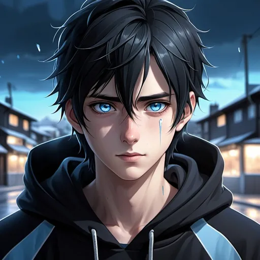 Prompt: Realistic anime illustration of a cute young adult boy with white striped black hair and intense ice-blue eyes, a healed jagged line-shaped scar on his left cheek, an all-black hoodie, a town background, detailed eyes, professional, highres, detailed character design, atmospheric lighting, detailed environment