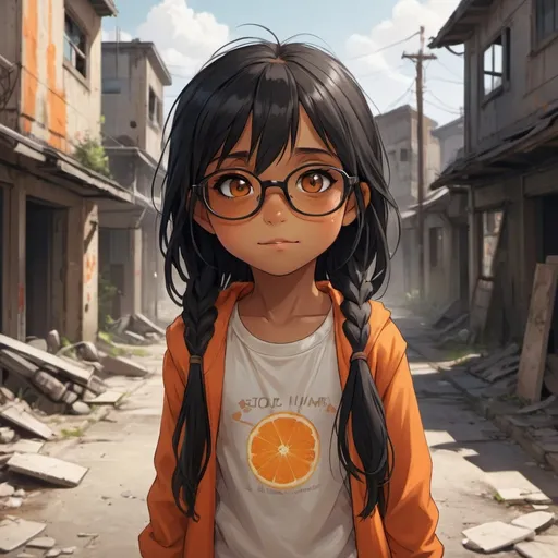 Prompt: A cute little girl with tan skin and long black hair with an orange streek, her eyes are brown, she has orange glasses, she has a cheery, playful look, an abandoned crumbling town background, detailed eyes, professional, highres, detailed character design, atmospheric lighting, detailed environment, and moody atmosphere. Anime look