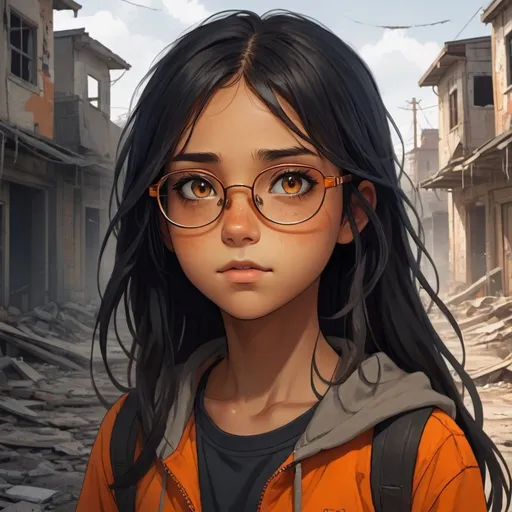 Prompt: A cute older teenage girl with tan skin and long black hair with an orange streek, her eyes are brown, she has orange glasses, she has a determined look, an abandoned crumbling town background, detailed eyes, professional, highres, detailed character design, atmospheric lighting, detailed environment, and moody atmosphere. Anime look