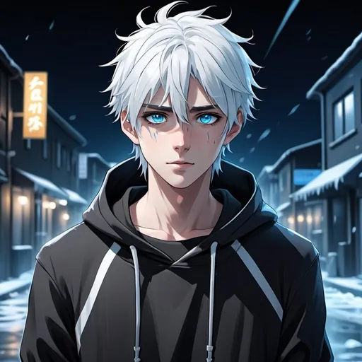 Prompt: Realistic anime illustration of a cute young adult boy with black striped  white hair and intense ice-blue eyes, a healed jagged line-shaped scar on his left cheek, an all-black hoodie, a town background, detailed eyes, professional, highres, detailed character design, atmospheric lighting, detailed environment