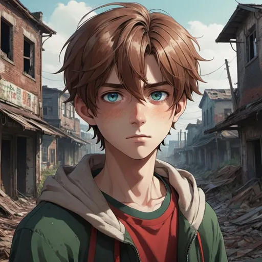 Prompt: chestnut hair and a rotation of colored eyes of red green blue and brown 16-year-old boy an abandoned crumbling town background, detailed eyes, professional, highres, detailed character design, atmospheric lighting, detailed environment, and moody atmosphere. Anime look