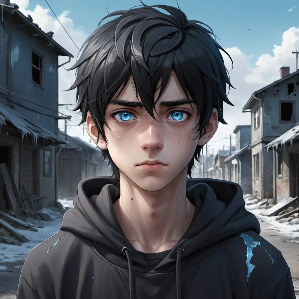 Prompt: Realistic anime illustration of a cute teenage boy with black hair and intense ice-blue eyes, a healed jagged line-shaped scar on his left cheek, an all-black hoodie, an abandoned crumbling town background, detailed eyes, professional, highres, detailed character design, atmospheric lighting, detailed environment