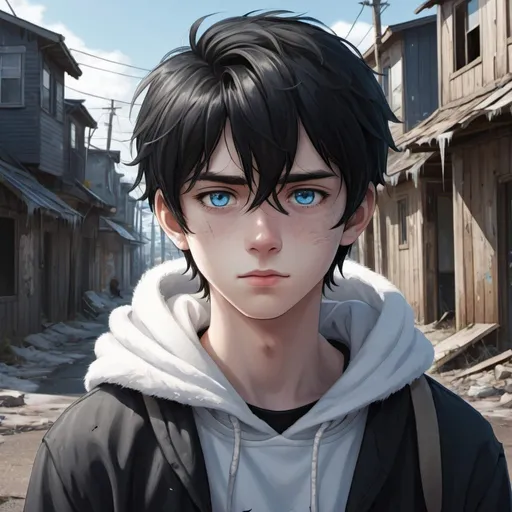 Prompt: Realistic anime illustration of a cute teenage boy with black hair and intense ice-blue eyes, a healed jagged line-shaped scar on his left cheek, a small smile, a fluffy white cat with golden eyes on his shoulder, an all-black hoodie, an abandoned crumbling town background, detailed eyes, professional, highres, detailed character design, atmospheric lighting, detailed environment