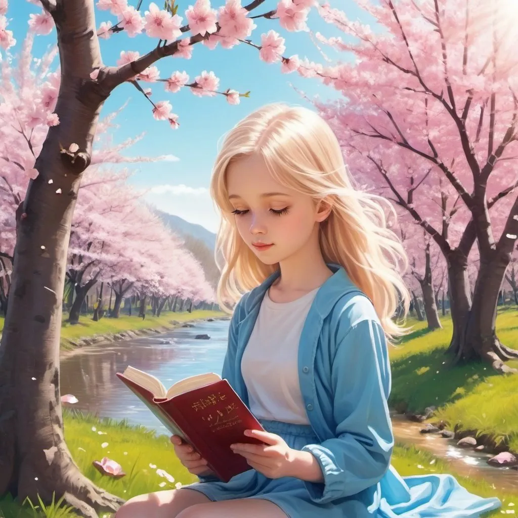 Prompt: A beautiful sunny warm day with a cherry blossom tree forest and a shimmering little river, a blond-haired blue-eyed 14-year-old girl is reading under one of the cherry blossom trees. phone background