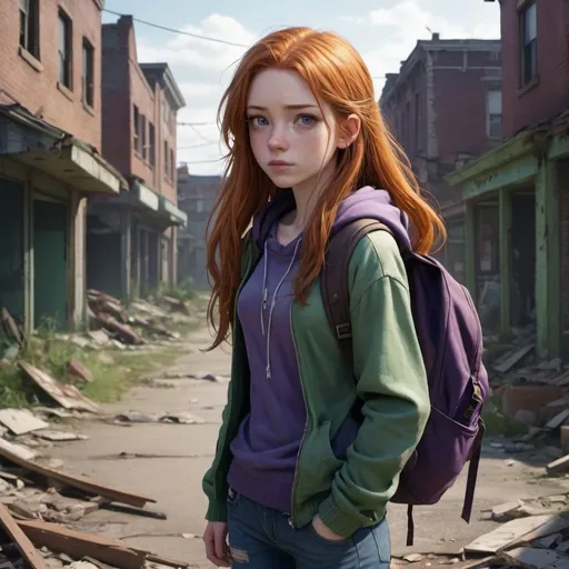 Prompt: A pretty teenage girl with long elbow-length ginger hair, brown hazel eyes, a torn purple sweater, ripped blue jeans, and a green backpack, she has pale skin. an abandoned crumbling town background, detailed eyes, professional, highres, detailed character design, atmospheric lighting, detailed environment, and moody atmosphere. Anime look