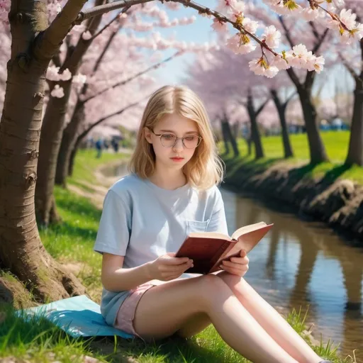 Prompt: On a beautiful sunny warm day with a cherry blossom tree forest and a shimmering little river, a dirty-blond-haired blue-eyed 15-year-old girl is sitting and reading under one of the cherry blossom trees, she has clear glasses. phone background