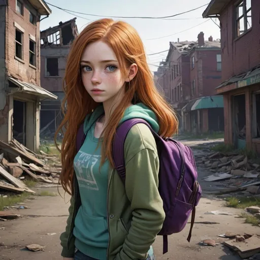 Prompt: A pretty teenage girl with long elbow-length ginger hair, brown hazel eyes, a torn purple sweater, ripped blue jeans, and a green backpack, she has pale skin. an abandoned crumbling town background, detailed eyes, professional, highres, detailed character design, atmospheric lighting, detailed environment, and moody atmosphere. Anime look
