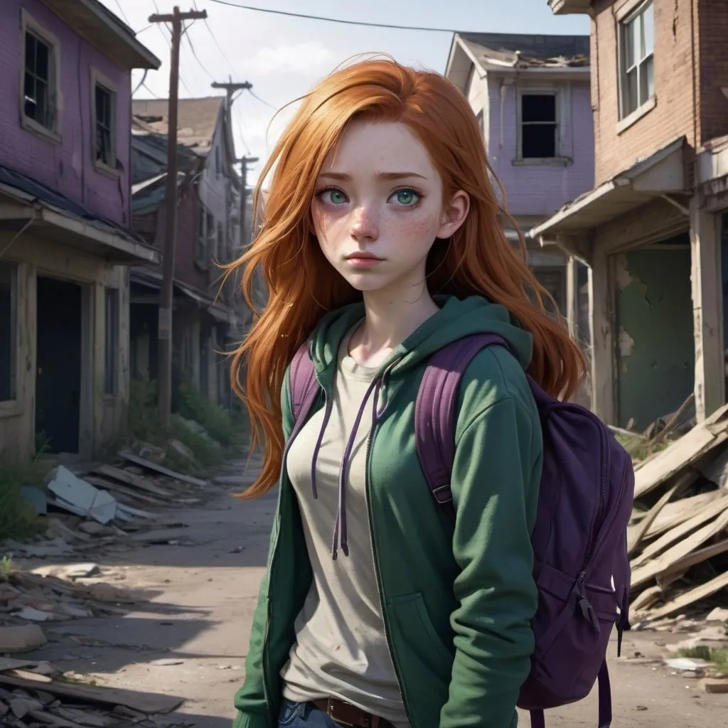 Prompt: A pretty teenage girl with long elbow-length ginger hair, brown hazel eyes, a torn purple sweater, ripped blue jeans, and a green backpack, she has pale skin. an abandoned crumbling town background, detailed eyes, professional, highres, detailed character design, atmospheric lighting, detailed environment, and moody atmosphere. Anime look