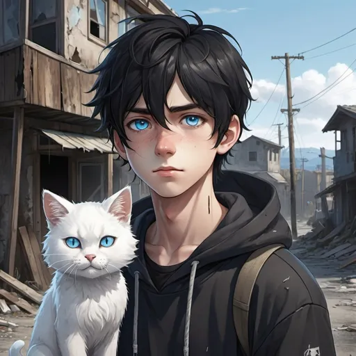 Prompt: Realistic anime illustration of a cute teenage boy with black hair and intense ice-blue eyes, a healed jagged line-shaped scar on his left cheek, a small smile, a fluffy white cat with golden eyes on his shoulder, an all-black hoodie, an abandoned crumbling town background, detailed eyes, professional, highres, detailed character design, atmospheric lighting, detailed environment