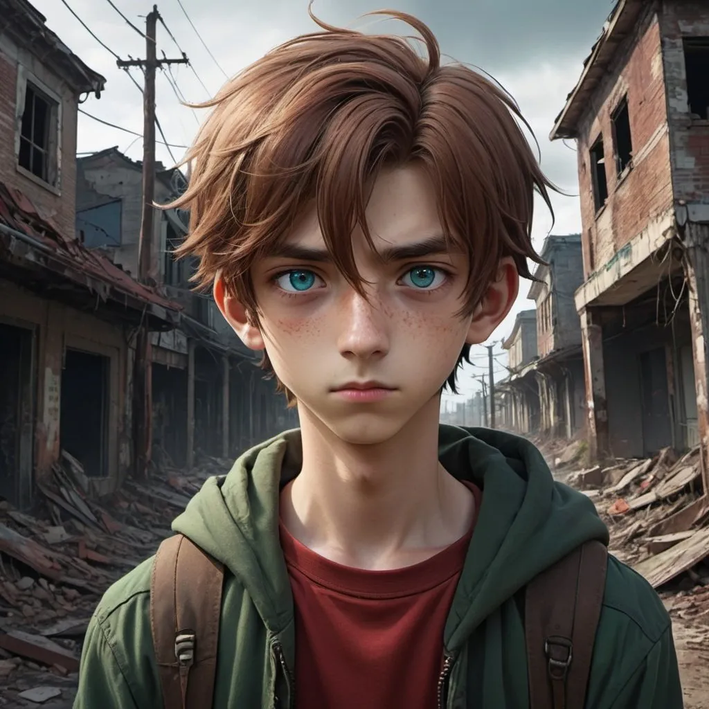 Prompt: chestnut hair and a rotation of colored eyes of red green blue and brown 16-year-old boy during the apocalypse an abandoned crumbling town background, detailed eyes, professional, highres, detailed character design, atmospheric lighting, detailed environment, and moody atmosphere. Anime look