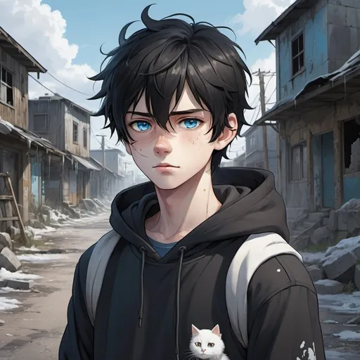 Prompt: Realistic anime illustration of a cute teenage boy with black hair and intense ice-blue eyes, a healed jagged line-shaped scar on his left cheek, a small smile, a fluffy white cat with golden eyes on his shoulder, an all-black hoodie, an abandoned crumbling town background, detailed eyes, professional, highres, detailed character design, atmospheric lighting, detailed environment