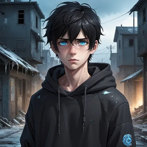 Prompt: Realistic anime illustration of a cute teenage boy with black hair and intense ice-blue eyes, a healed jagged line-shaped scar on his left cheek, an all-black hoodie, an abandoned crumbling town background, detailed eyes, professional, highres, detailed character design, atmospheric lighting, detailed environment