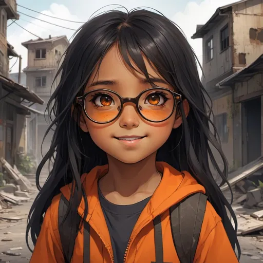 Prompt: A cute little girl with tan skin and long black hair with an orange streek, her eyes are brown, she has orange glasses, she has a cheery, playful look, an abandoned crumbling town background, detailed eyes, professional, highres, detailed character design, atmospheric lighting, detailed environment, and moody atmosphere. Anime look