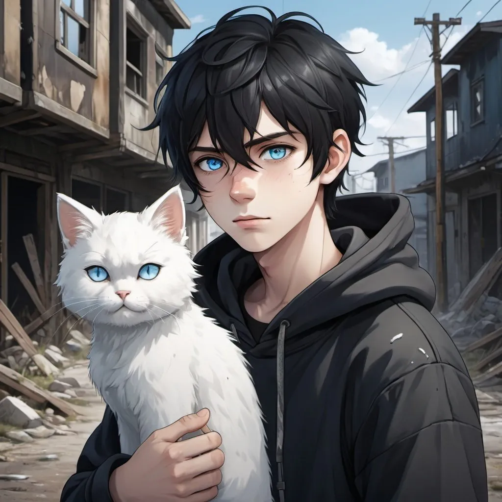 Prompt: Realistic anime illustration of a cute teenage boy with black hair and intense ice-blue eyes, a healed jagged line-shaped scar on his left cheek, a small smile, a fluffy white cat with golden eyes on his shoulder,an all-black hoodie, an abandoned crumbling town background, detailed eyes, professional, highres, detailed character design, atmospheric lighting, detailed environment