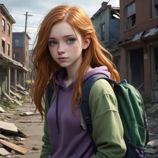 Prompt: A pretty teenage girl with long elbow-length ginger hair, brown hazel eyes, a torn purple sweater, ripped blue jeans, and a green backpack, she has pale skin. an abandoned crumbling town background, detailed eyes, professional, highres, detailed character design, atmospheric lighting, detailed environment, and moody atmosphere. Anime look