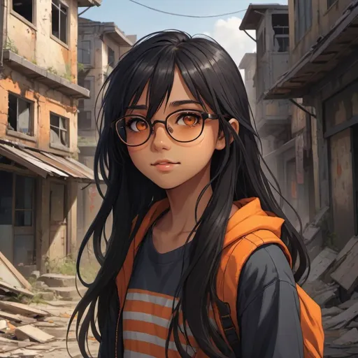 Prompt: A cute teenage girl with tan skin and long black hair with an orange streek, her eyes are brown, she has orange glasses, she has a cheery, playful look, an abandoned crumbling town background, detailed eyes, professional, highres, detailed character design, atmospheric lighting, detailed environment, and moody atmosphere. Anime look