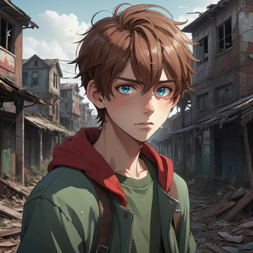 Prompt: chestnut hair and a rotation of colored eyes of red green blue and brown 16-year-old boy an abandoned crumbling town background, detailed eyes, professional, highres, detailed character design, atmospheric lighting, detailed environment, and moody atmosphere. Anime look