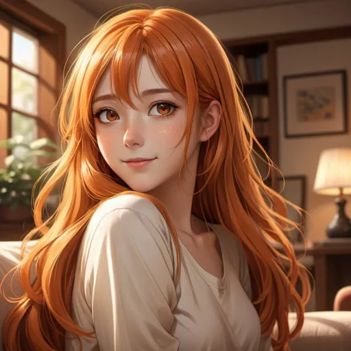 Prompt: Realistic anime illustration of a hot adult girl with long orange hair and warm brown eyes, a cheery family living room background, detailed eyes, professional, highres, detailed character design, atmospheric lighting, detailed environment