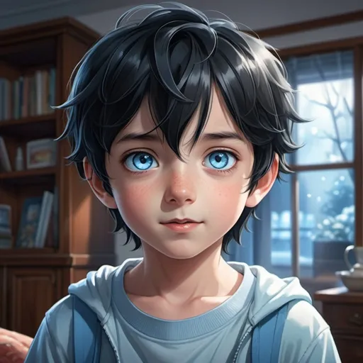 Prompt: Realistic anime illustration of a cute little boy with black hair and intense ice-blue eyes, a cheery family living room background, detailed eyes, professional, highres, detailed character design, atmospheric lighting, detailed environment