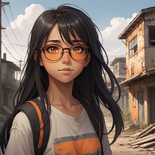 Prompt: A cute teenage girl with tan skin and long black hair with an orange streek, her eyes are brown, she has orange glasses, she has a cheery, playful look, an abandoned crumbling town background, detailed eyes, professional, highres, detailed character design, atmospheric lighting, detailed environment, and moody atmosphere. Anime look