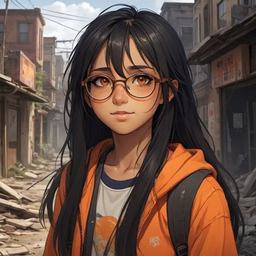 Prompt: A cute teenage girl with tan skin and long black hair with an orange streek, her eyes are brown, she has orange glasses, she has a cheery, playful look, an abandoned crumbling town background, detailed eyes, professional, highres, detailed character design, atmospheric lighting, detailed environment, and moody atmosphere. Anime look