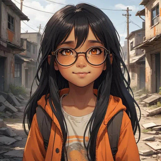 Prompt: A cute little girl with tan skin and long black hair with an orange streek, her eyes are brown, she has orange glasses, she has a cheery, playful look, an abandoned crumbling town background, detailed eyes, professional, highres, detailed character design, atmospheric lighting, detailed environment, and moody atmosphere. Anime look