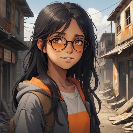 Prompt: A cute older teenage girl with tan skin and long black hair with an orange streek, her eyes are brown, she has orange glasses, she has a cheery, playful look, an abandoned crumbling town background, detailed eyes, professional, highres, detailed character design, atmospheric lighting, detailed environment, and moody atmosphere. Anime look