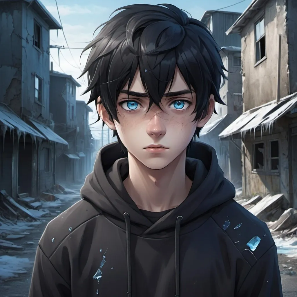 Prompt: Realistic anime illustration of a cute teenage boy with black hair and intense ice-blue eyes, a healed jagged line-shaped scar on his left cheek, an all-black hoodie, an abandoned crumbling town background, detailed eyes, professional, highres, detailed character design, atmospheric lighting, detailed environment