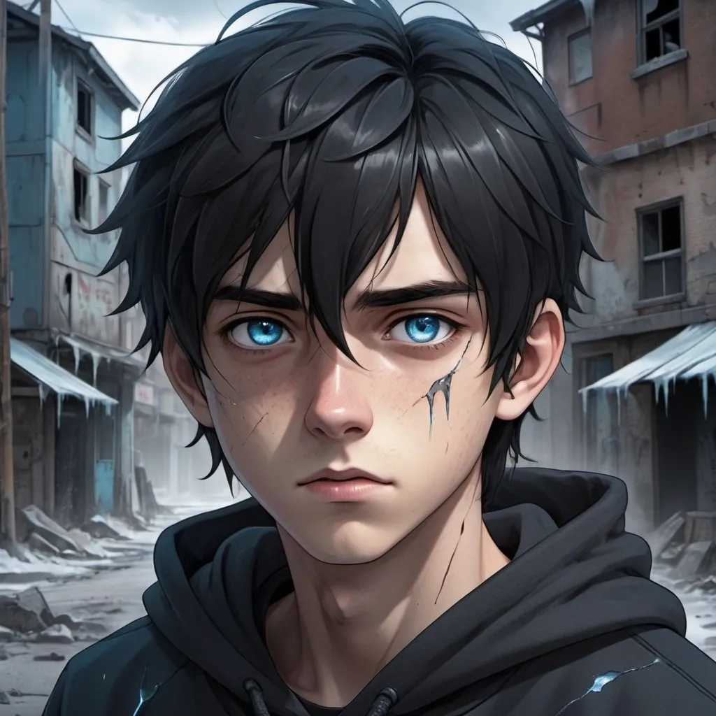 Prompt: Realistic anime illustration of a cute teenage boy with black hair and intense ice-blue eyes, a healed jagged line-shaped scar on his left cheek, an all-black hoodie, an abandoned crumbling town background, detailed eyes, professional, highres, detailed character design, atmospheric lighting, detailed environment