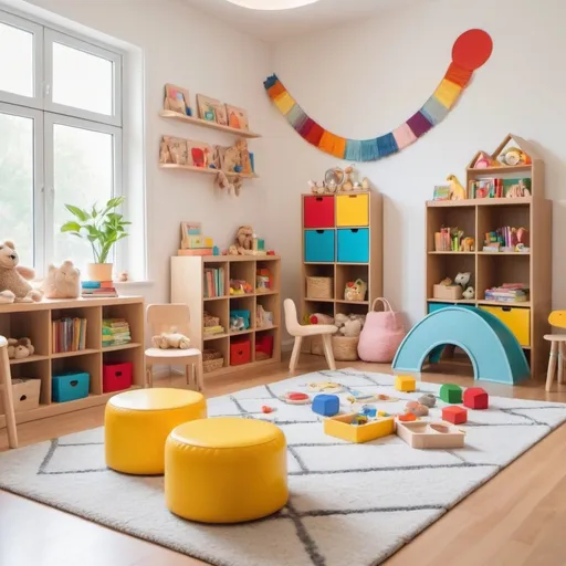 Prompt: Happy and bright learning environment for children in the preschool age, fun toys, quiet spaces with rugs and learning toys, play things, joyful experiences happen in this room