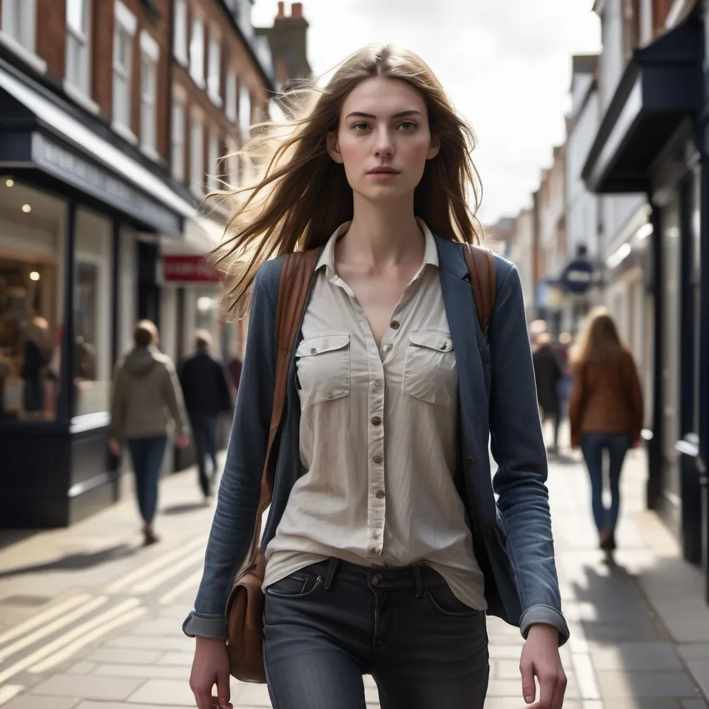 Prompt: Tall young woman walking down the high street, detailed clothing, realistic, natural lighting