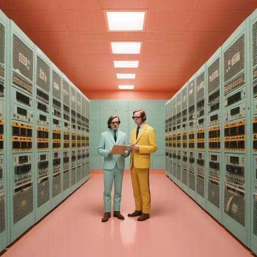 Prompt: Can you generate an image in the style of wes anderson where the characters are working in a datacenter in france?