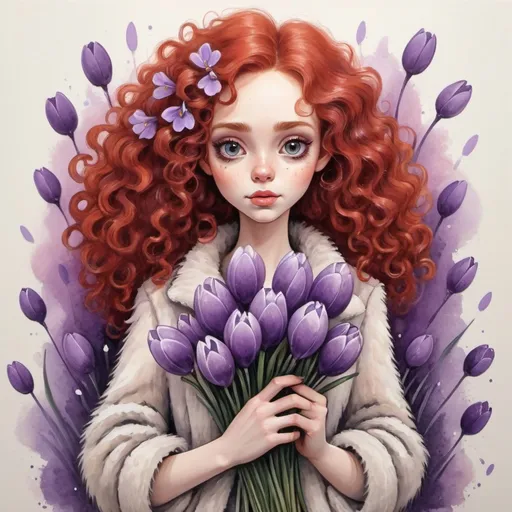 Prompt: a cute girl with red hair with curls and now a fur coat is holding a bouquet of crocuses in the style of Tim Burton
Painting with pastels, felt-tip pens and wet paints
detailed
colorful
pastel colors paintings
white, soft beige, smoky lilac
don't take your eyes off