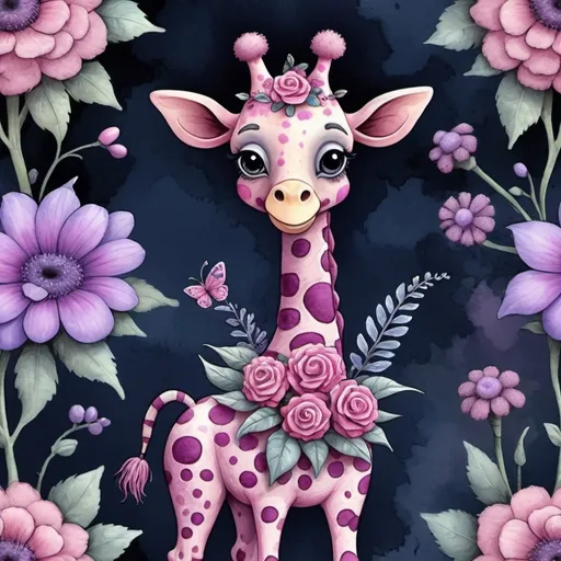 Prompt: 
funny cartoon spotted pink and lilac fairy giraffe with a bouquet of unknown beautiful flowers in the style of Tim Burton in a mixed style volumetric watercolor, ink + felting effect of wool
super-detailed image, photorealism, sketching effect
interesting 3d doodling dusty navy background spring
600 dpi 