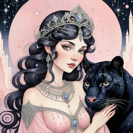 Prompt: 
Illustration style by Virginia Frances Sterrett.
Fairytale princess with sparkling dark hair with a cute panther, dripping linden juice, constellations on a pastel pink sky, silver thin threads, glitter mesh
art noir, 3d, intricate details, 600 dpi
magical, gentle face, watercolor, smooth lines.