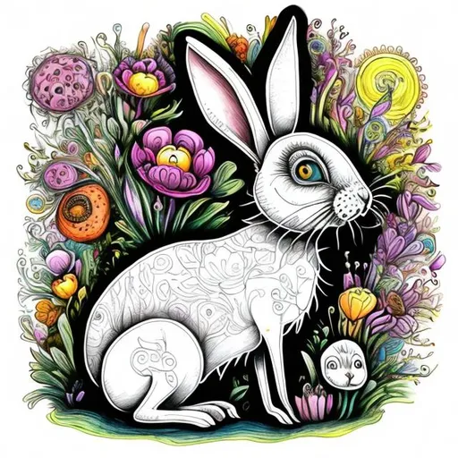Prompt: 
a funny, square, awkward full-length rabbit on thin legs in the style of Tim Burton, surrounded by beautiful flowers. drawing in the style of a very bright colorful anti-stress coloring book.