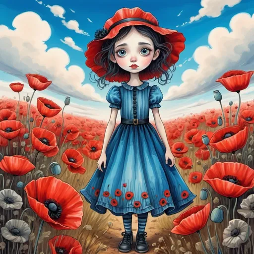 Prompt: 
cartoon poppy girl in a wonderful dress in the style of Tim Burton stands in the middle of a field with huge scarlet poppies, sweet mood, bright blue sky with fancy clouds
picture for a children's story

naive children's drawing with pencils
primitive
outlining with gold gel pen
fantastic art