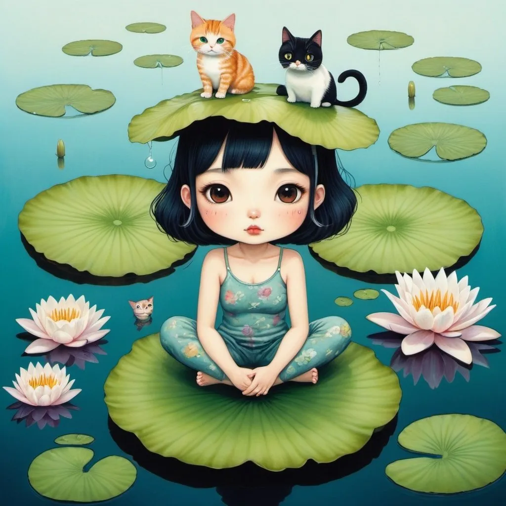 Prompt: a girl with a bird on her head and a cat on her head sitting on a lily pad in the water, Chiho Aoshima, pop surrealism, whimsical, a storybook illustration