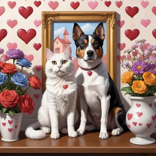 Prompt: a dog and a cat are sitting together in front of flowers and hearts on a wall with a picture frame, Ed Binkley, furry art, highly detailed digital painting, a storybook illustration